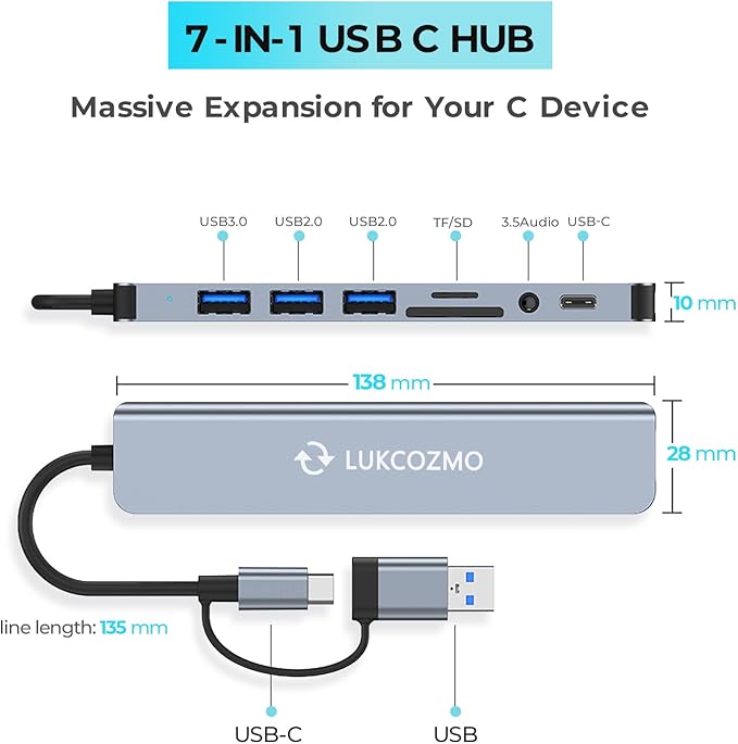 LUKCOZMO USB Hub USB C Hub USB Splitter 7 in 1 USB Extender with 4 USB Port 1 USBC Port TF/SD Card Reader Audio Output Compatible with MacBook/Pad Pro/Dell/HP Laptop/Phones…