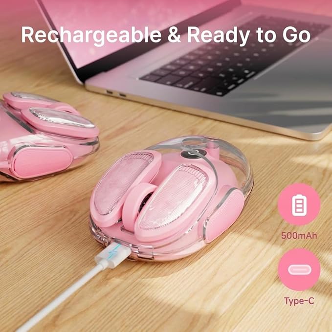 SEUNKWANG EWEADN Q9 Wireless Clear Mouse Dual Mode Bluetooth & 2.4G USB Computer Mouse with RGB Lighting, Silent Clicks, Multi-Device Compatibility for Laptop, PC, MacBook, iPad Cute Mouse-Pink