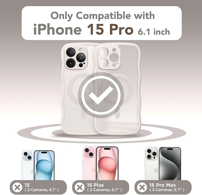 CAPRARO Cute for iPhone 15 Pro Case, Compatible with MagSafe, [Curly Wave Edge] [Full Camera Protection] [14 FT Drop Protection] Magnetic Phone Case for 15 Pro 6.1 Inch, Stone