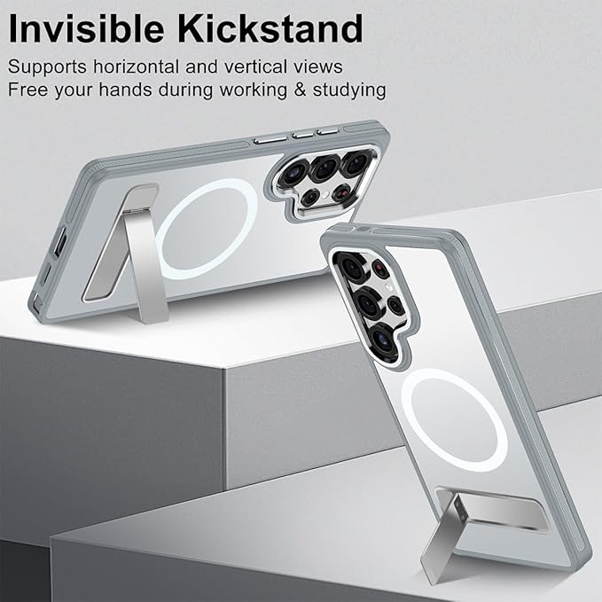 MALEWOLF Kickstand for Samsung Galaxy S25 Ultra Case Fits for MagSafe, Shockproof Anti-Slip Protective Cover, Ultra Slim Translucent Matte Phone Case for Galaxy S25 Ultra (Grey/White)