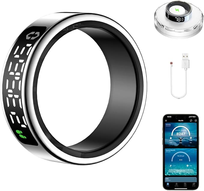 Smart Health Ring with Screen,for Women Men Fitness Tracker Heart Rate, Blood Oxygen, HRV,Sleep Monitoring, Step Counting, IP68 for iPhone and Android, No Subscription Fee (Silver, 12#)