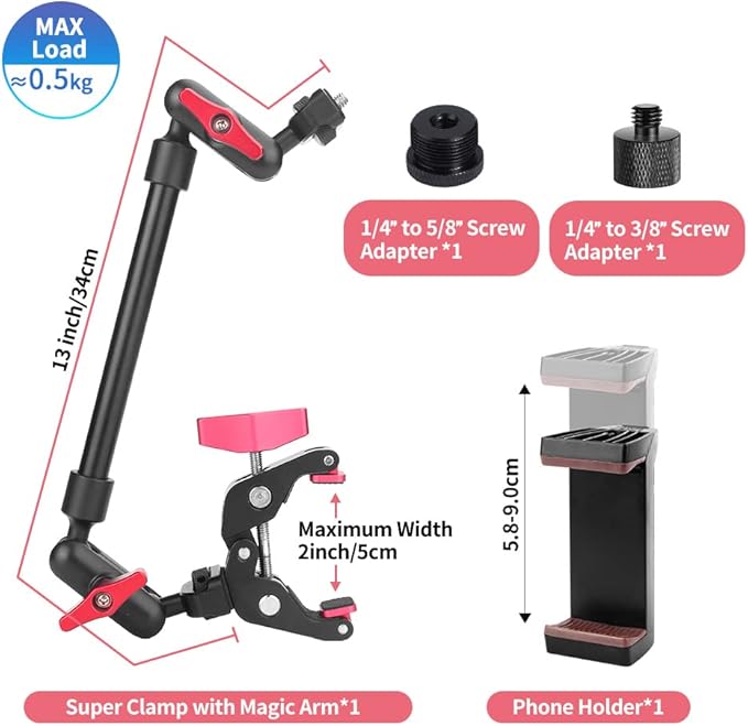 13"/34cm Magic Arm w Clamp, Camera Mount & Clamp w 1/4" 3/8" Threads and Articulating Friction Magic Arm, Overhead Phone Mount, Camera Boom Arm Mount for Light Webcam Mic Action Camera Monitor