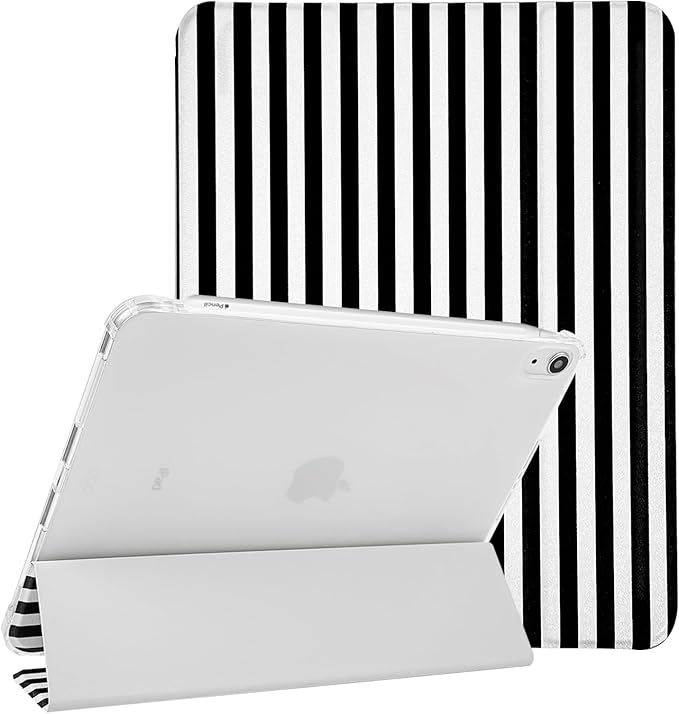 Lovmooful Compatible for iPad Air 6th 11-inch M2 (2024),iPad Air 5/4 (2022/2020 5th/4th Generation 10.9-Inch) Case with Pencil Holder Cute Striped Design Soft TPU Trifold Stand Protective-Black&White