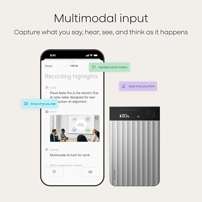 Plaud Note Pro AI Voice Recorder, Transcribe & Summarize with AI Note Taker for Meetings & Calls, Professionals & Teams, Supports 112 Languages, Ultra-Slim, InstantView Display, Case Included, Silver