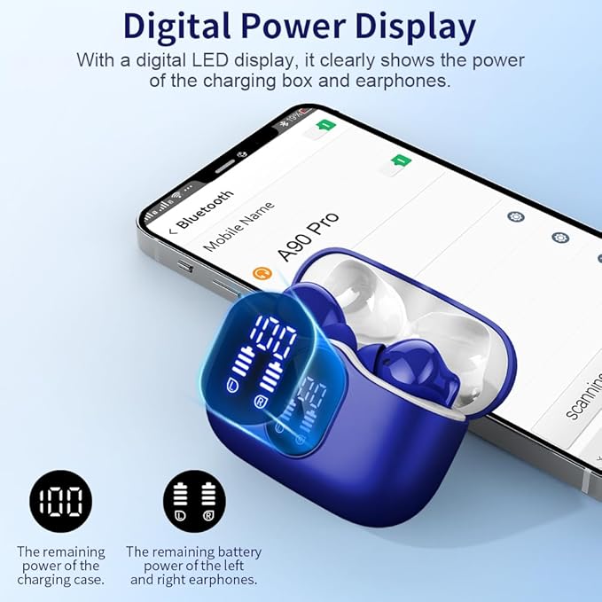 Btootos Wireless Earbuds Bluetooth 5.3 Headphones Bass Stereo Ear Buds with Noise Cancelling Mic LED Display in Ear Earphones IP7 Waterproof 36H Playtime for Laptop Pad Phones Sports Sapphire Blue