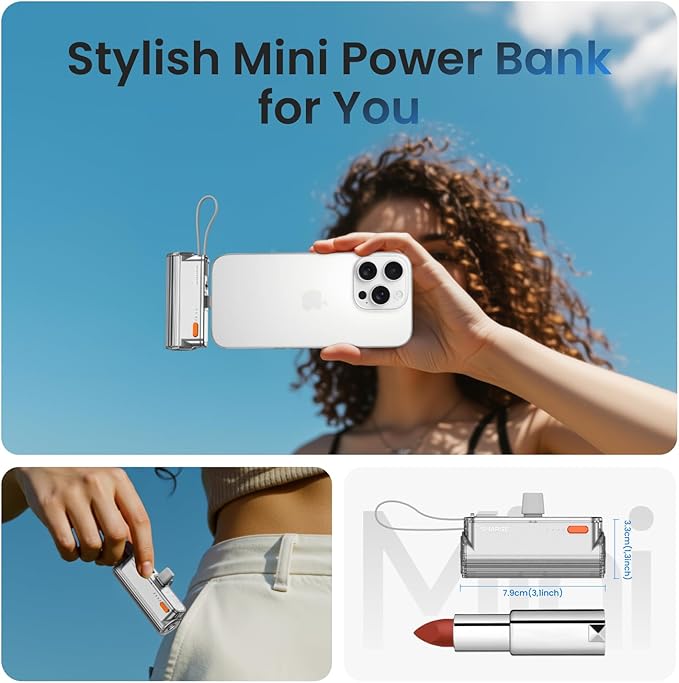 sharge Flow Mini 2 Portable Charger with Built-in Cable 22.5W Max Power Bank for Travel, Fast Charging Battery Pack with iOS and USB-C Connector for iPhone 17/16/15/14, Galaxy, Google Pixel, and More