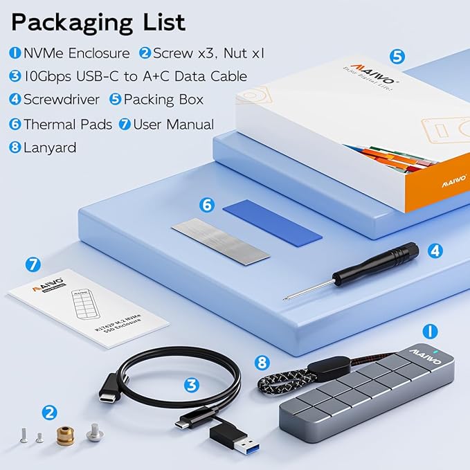 MAIWO M.2 NVMe SSD Enclosure USB3.2 GEN2 10Gbps, 8TB Capacity 2-in-1 Type-C Cable, USB C to M-Key PCIE NVME SSD Adapter Reader Case Aluminum