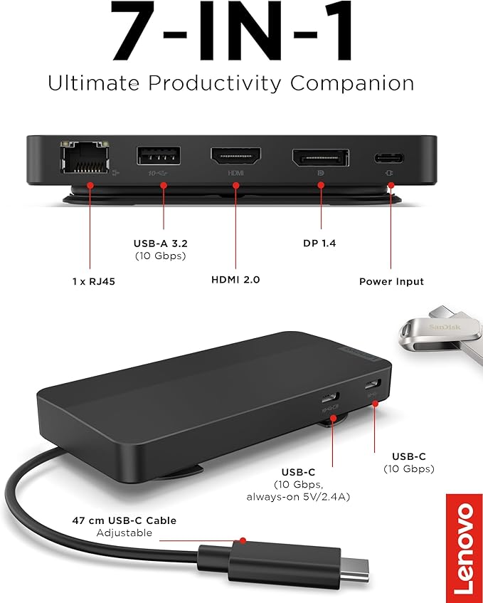 Lenovo USB-C Dual Display Travel Dock w/ 100W Power Adapter - 7 Ports, Integrated USB-C Cable, Universal Compatibility, Dual Displays at 4K - Black