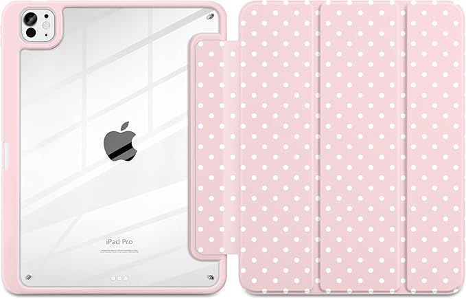 Case for iPad Pro 11 Inch (M5 2025 M4 2024) – [Built-in Pencil Holder], Shockproof & Stylish, Clear Hard Back + Soft TPU Edge, Magnetic Trifold Stand, Auto Wake/Sleep, Pink White dot