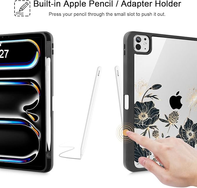 May Chen for iPad Pro 13 Inch Case M5 2025 / M4 2024, Built Pencil Holder & Clear Transparent Print Back Shell Slim Stand Shockproof Tablet Cover, Auto Wake/Sleep, Abstract Floral