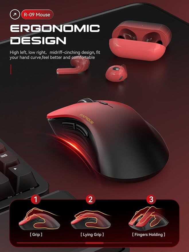 RAPIQUE Bluetooth Wireless Mouse - Dual Bluetooth & 2.4 GHz USB Receiver, Comfortable Grip, Quiet Clicks, Low Power - Multi-Device Compatibility for Laptop, Computer, iPad, MacBook (Gradient Red)