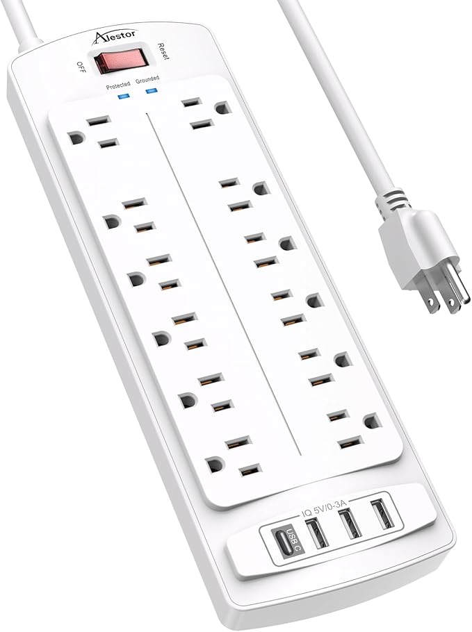 Power Strip,ALESTOR Surge Protector with 12 Outlets and 4 USB Ports, 6 Feet Extension Cord (1875W/15A) for for Home, Office, Dorm Essentials, 2700 Joules, ETL Listed (White)