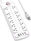 Power Strip,ALESTOR Surge Protector with 12 Outlets and 4 USB Ports, 6 Feet Extension Cord (1875W/15A) for for Home, Office, Dorm Essentials, 2700 Joules, ETL Listed (White)