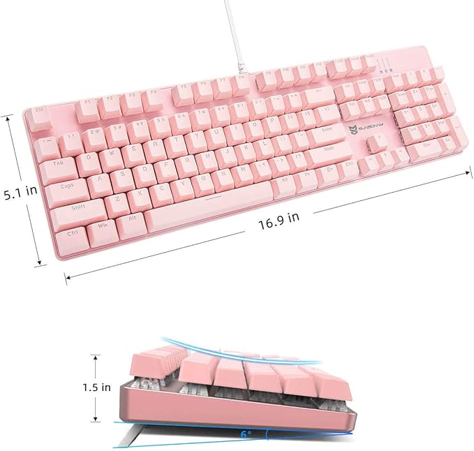 Merdia Full Size Wired Mechanical Gaming Pink Keyboard | Red Switch 104 Keys US Layout Full Size Pink PC Gaming Keyboards | Hot Swappable LED Backlit Light Up Wired Mechanical Computer Keyboards