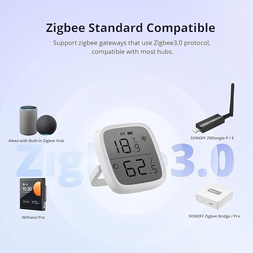 SONOFF Zigbee Indoor Temperature Humidity Sensor, SNZB-02D LCD Zigbee Thermometer Hygrometer, Works with Alexa, Google Home for Remote Monitoring and Home Automation, ZigBee 3.0 Hub Required, 4-Pack