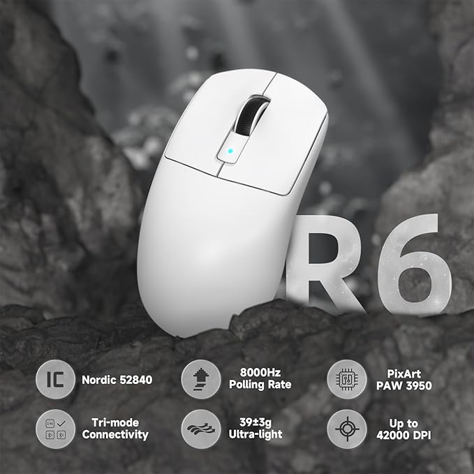 ATTACK SHARK R6 39g Superlight Wireless Gaming Mouse,PixArt PAW3950MAX 42000 DPI,MCU Nodic 52840 Computer Mouse,8K Polling Rate Web Driver,BT/2.4Ghz/Wired Tri-Mode Mice with Coiled Cable-White