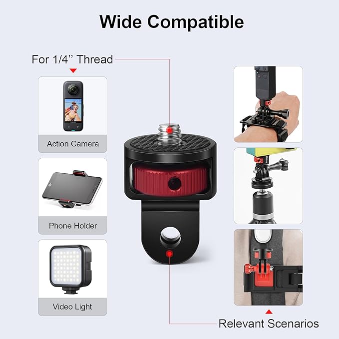 1/4" Aluminum Camera Mount Conversion Kit for Insta360 X4 X3/DJI Osmo Pocket 3/Go Pro 13/12/11/10,Lightweight Accessories Adapter for Tripod,Selfie Stick,Stabilizer & Action Gear