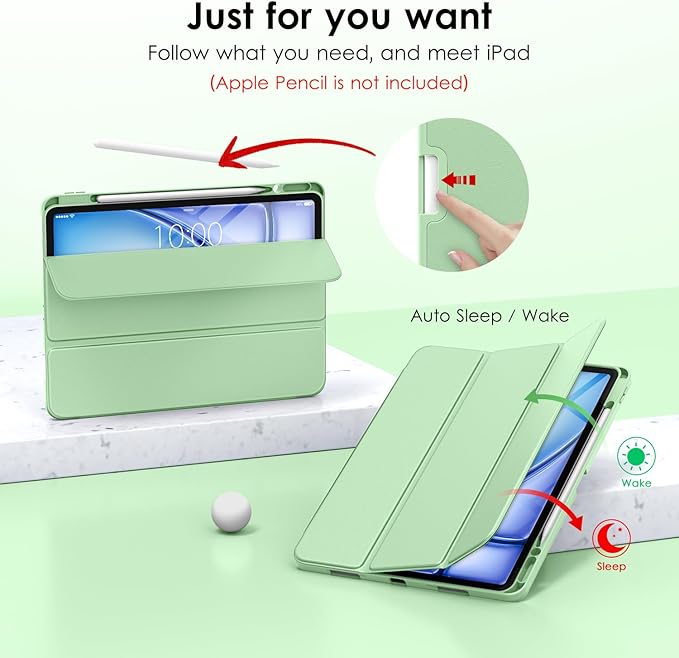 DTTO for iPad Air 13 Inch Case M4/M3/M2 2026/2025/2024, iPad Pro 12.9 Inch Case (6th/5th/4th/3rd Gen), Smart Slim Trifold Stand Soft Cover with Pencil Holder, Matcha Green