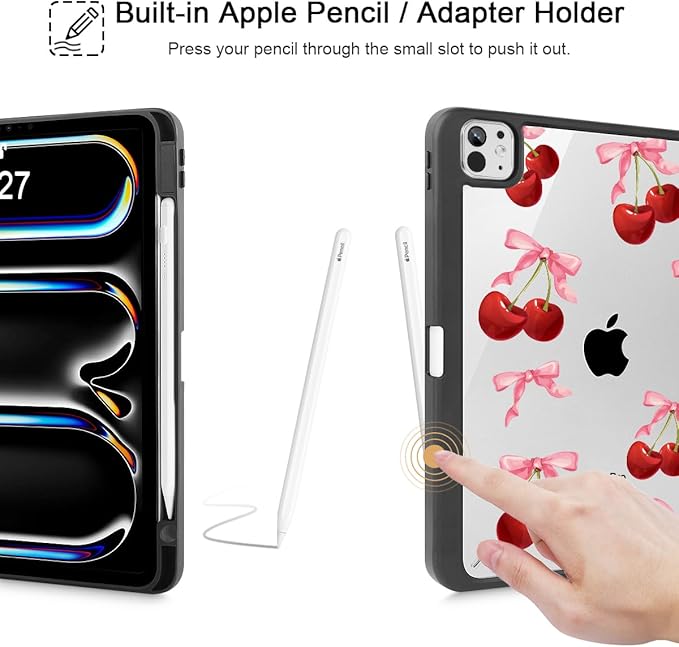 May Chen for iPad Pro 13 Inch Case M5 2025 / M4 2024, Built Pencil Holder & Clear Transparent Print Back Shell Slim Stand Shockproof Tablet Cover, Auto Wake/Sleep, Cherry & Cheetah