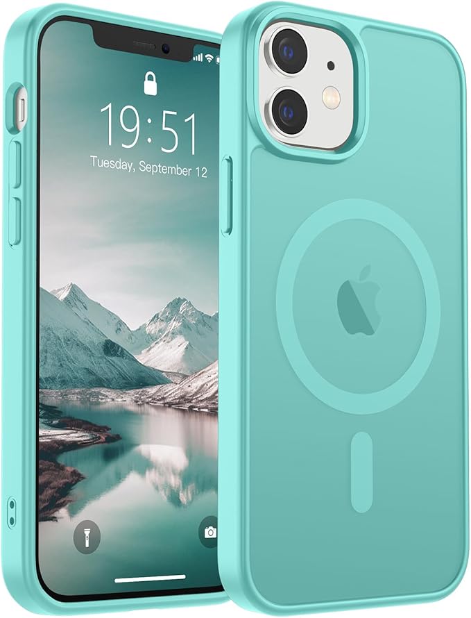 SUPFINE Magnetic for iPhone 12 Mini Case & iPhone 13 Mini Case (Compatible with MagSafe) (Military Grade Drop Protection) Translucent Matte Shockproof Phone Cover,Blue Green