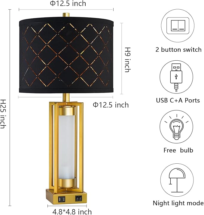 Set of 2 Modern Table Lamps for Living Room Bedroom with USB C+A, Rustic Nightstand Lamps with White Night Light, Black Grid Shade, Desk Lamps for Bedside End Tables, 4 Bulbs Included (Gold)