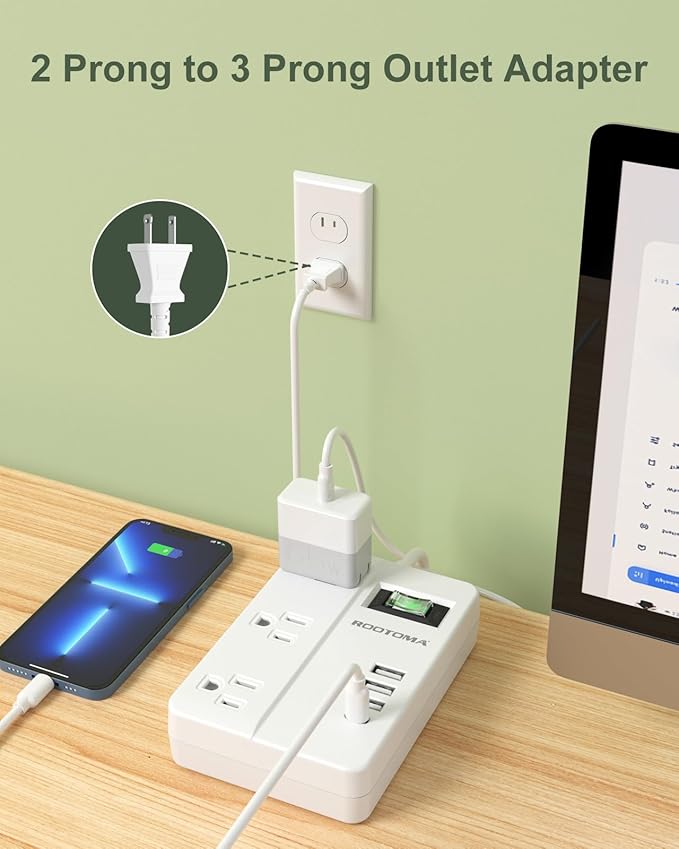 2 Prong Power Strip with USB-C, ROOTOMA 2 Prong to 3 Prong Outlet Adapter, 1080J 2 Prong Surge Protected with 3 Outlet & 4 USB, 3 Prong Adapter 4ft, for Polarized Two Prong Outlet, Old House, White