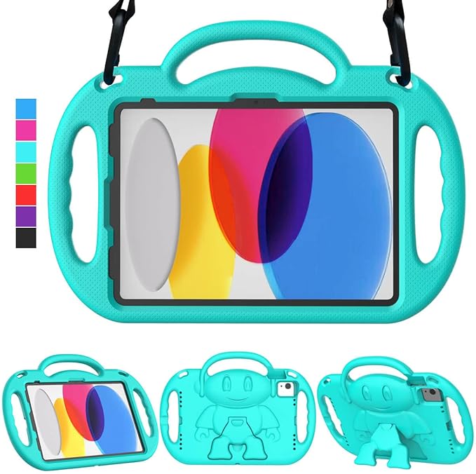 Kids Case for iPad 11th Generation (A16) 11" 2025 & 10th Gen 10.9" 2022 & iPad Air 11" 2025/2024 & Air 5th/4th Gen & Pro 11, Durable Protective Cover with Shoulder Strap Handle Stand, Cyan