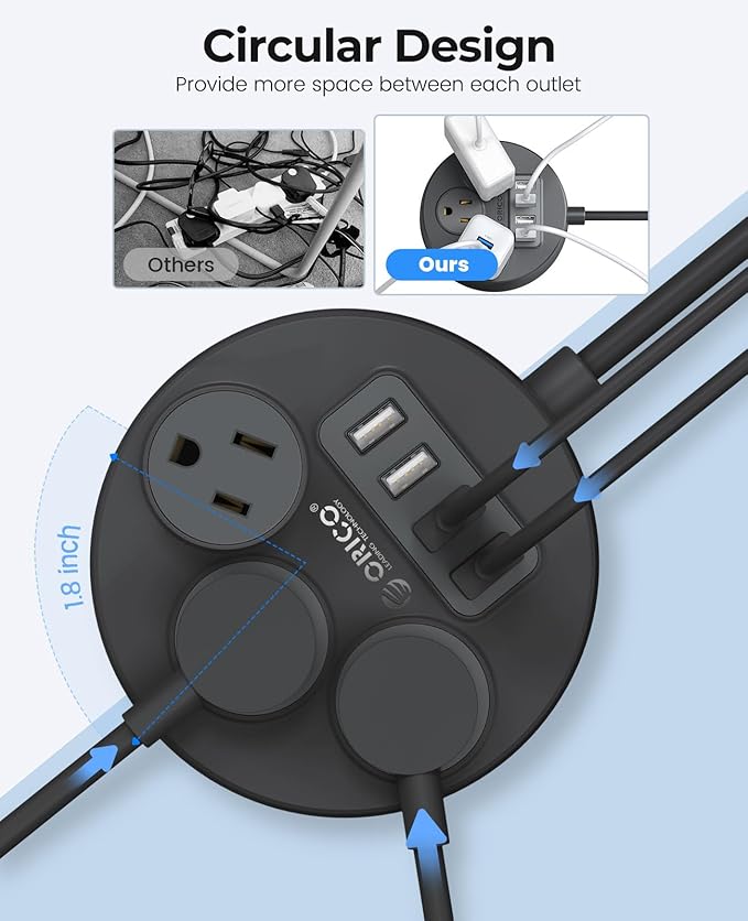 ORICO Power Strip, 45° Flat Plug Extension Cord with 3 AC Outlets and 4 USB-A Charging Ports, 5FT Black Compact Outlet Extender for Cruise/Travel/Home/Office - PSO