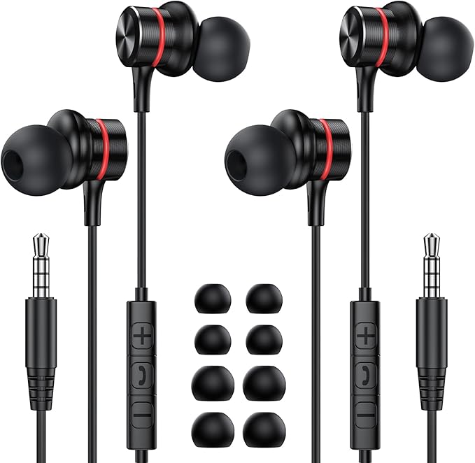 MOSWAG Wired Headphones, 3.5mm Wired Headphones with Microphone, 1/8 inch in-Ear Line Control Headsets Compatible with Mobile Phones, Desktop PCs, Tablets, Laptops, MP3s, MP4s, 2 Pack