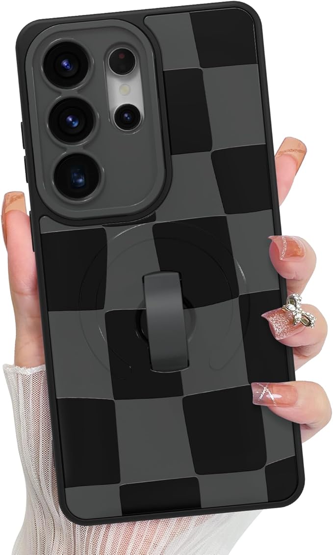 KANGHAR Compatible with Samsung Galaxy S26 Ultra Case, Support for MagSafe, Silicone Checkered Cute Pattern, Wristband Kickstand Camera Protection Soft Slim Cover for Girls Women -Black