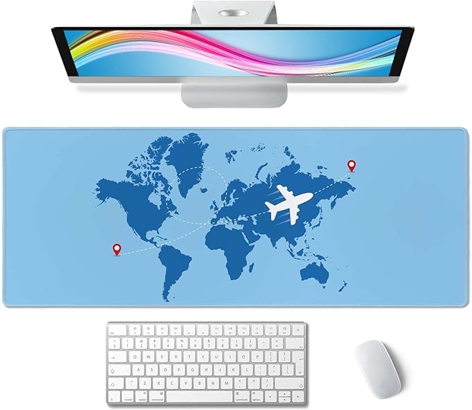 World Map with Airplane Desk Mat Blue Large Mouse Pad XL Extended Gaming Mousepad Keyboard Mouse Mat Desk Pad for Computer Laptop 31.5''X11.8'' Non-Slip Rubber Base with Stitched Edges