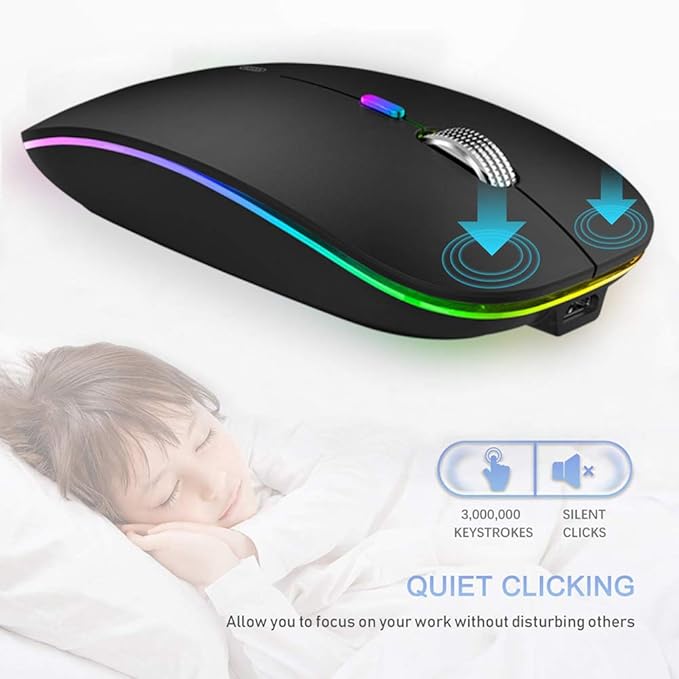 TENMOS Wireless Bluetooth Mouse, LED Slim (Bluetooth 5.1/5.0 + USB) 2.4GHz Rechargeable Silent Bluetooth Wireless Mouse with Type C Adapter for Laptop/MacBook/iPad OS 13 and Above (Matte Black)
