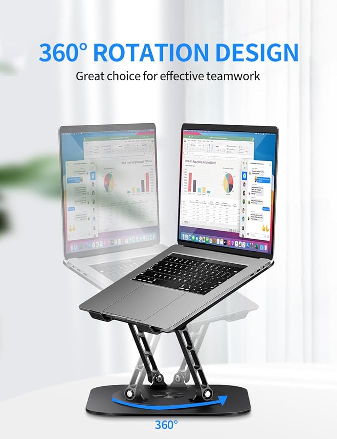 AOEVI Adjustable Laptop Stand with 360 Rotating Base, Computer Stand for Laptop Ergonimic Foldable Laptop Riser for Desk Compatible with MacBook Pro/Air Notebook up to 16 Inches, Black