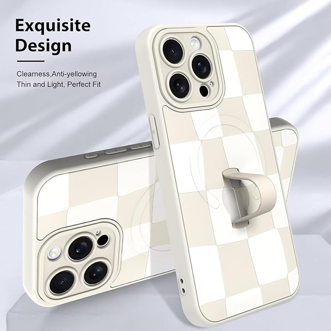 KANGHAR Compatible with iPhone 15 Pro Case, Support for MagSafe, Silicone Checkered Cute Pattern, Wristband Kickstand Camera Protection Soft Slim Cover for Girls Women -White