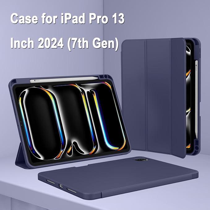 ZryXal New iPad Pro 13 Inch Case (M5) 2025 / (M4) 2024 with Pencil Holder, Smart iPad Case [Support Pencil Pro and Pencil (USB-C)], Support Touch ID and Auto Wake/Sleep (New Dark Blue)