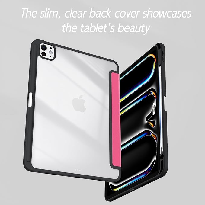 Case for iPad Pro 11-Inch M5/M4 2025/2024 (6th/5th Generation), Case with Pencil Holder, Clear Back Cover Cute Cool Design for Women Girls, Auto Sleep/Wake, Rose Red Book