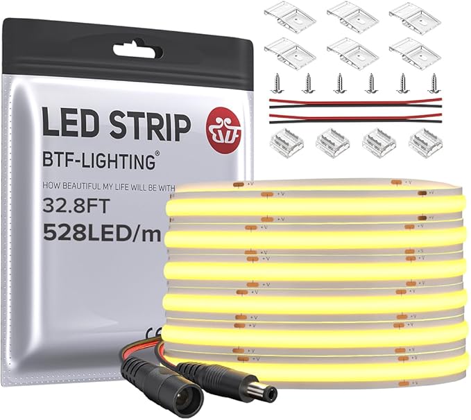 BTF-LIGHTING FCOB COB LED Strip 528LED/m Flexible High Density Uniform Light 14W/m 32.8FT DC24V Warm White 3000K CRI 90+ 10mm Width for Home Indoor Decor(No Adapter or Controller)