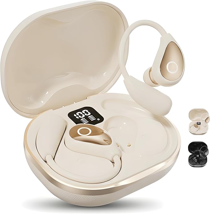 Wireless Earbuds with Ear Hooks, Over Ear Bluetooth Earbuds, Secure Fit, 60H Playtime, LED Display, IPX5 Waterproof (Beige)