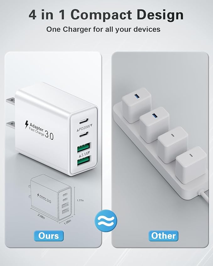 KOUEMGI 3-Pack 40W 4-Port USB C Charger Block, Fast Charging with PD & QC, Compatible with iPhone 15/14/13/12/11, Samsung Galaxy, More
