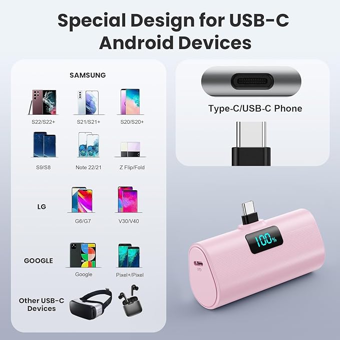 [2-Pack]Small Portable Charger 5200mAh,Upgraded PD USB C Power Bank Built-in USB-C Connector,LCD Display Battery Pack for iPhone 15/15 Plus/15 Pro/15 Pro Max/Samsung Android(Pink+Green)