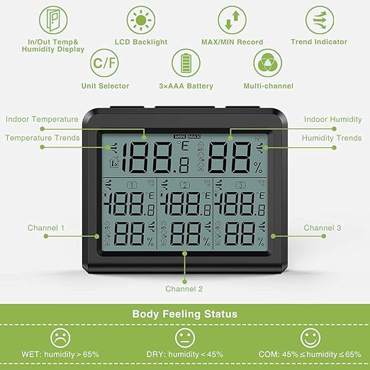 KeeKit Indoor Outdoor Thermometer, Temperature Humidity Monitor with 3 Wireless Sensors, Hygrometer Meter Gauge with LCD Backlight, Min/Max Record for Home, Office, Restaurants, Bars – Black