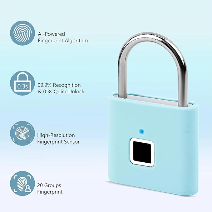 UMIKSMART Fingerprint Padlock with Silicone Protective Cover & Charm, Smart Keyless Padlock for School Locker, Gym Locker, Backpack and Travel Bag, Gift for Kids, Teens and Friends, Fun Blue Set