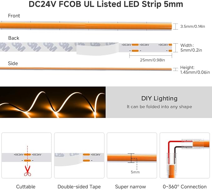 BTF-LIGHTING FCOB COB LED Strip Orange Color 5mm Width UL Listed Super Narrow Flexible Uniform Light DC24V 16.4FT CRI 90+ Dimmable LED Ribbon for Bedroom Home Indoor Decor(No Adapter or Controller)