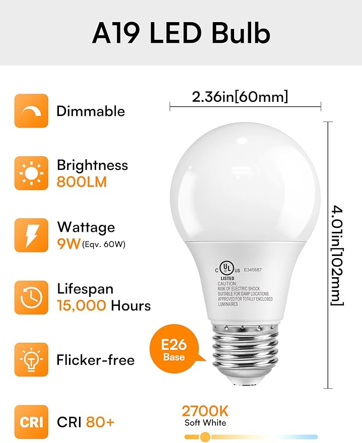 TJOY A19 Dimmable LED Light Bulbs, E26 Led Bulbs 60 Watt Equivalent, Warm Soft White 2700K, 800 Lumens Standard Base, Energy Saving Lightbulbs, Efficient 9W, 120V, 15,000 Hour Lifetime, 4 Pack