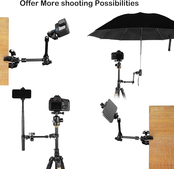 PellKing Magic Arm Clamp Kit, Camera Mount Articulating Friction Arm w 2 Pcs Super Clamp, w 1/4"-20 Screw and Thread Hole, for Camera, Light, Monitor, Webcam or Action Camera 2kg, for Table, Tube