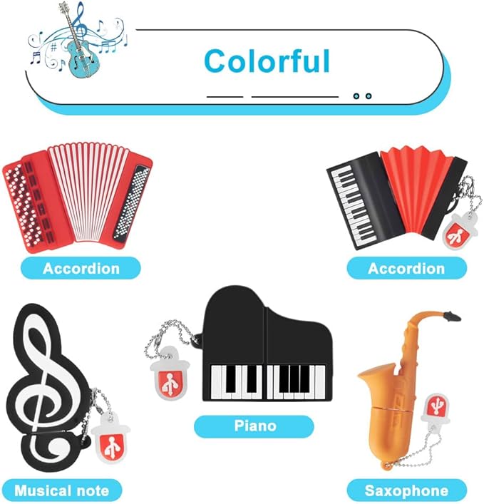 5 x 8GB Cute Music USB Flash Drive, Accordion*2/Saxophone/Piano/Notes Shape Musical Instruments Thumb Drive Memory Stick Drive Pendrive Gift for Kids, Teacher, Friends