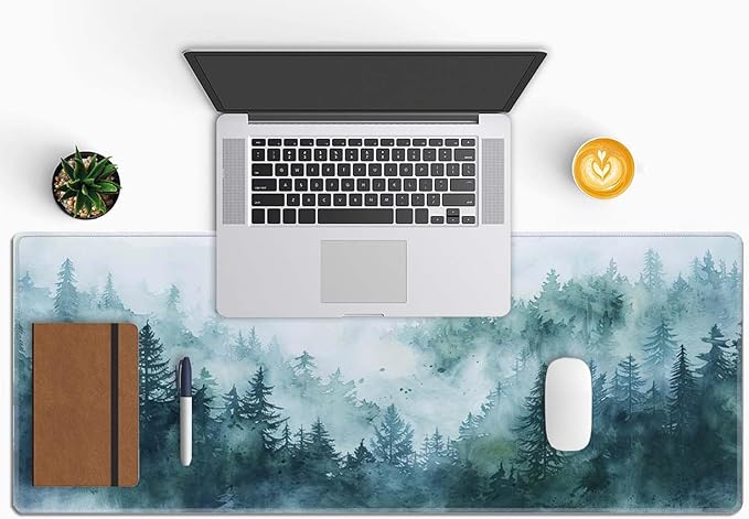 Desk Mat, Big Desk Pad, XL Extended Gaming Mouse Pad, Large Mouse Pad for Desk Rubber Base Mousepad with Stitched Edges, Keyboard Mouse Mat for Work, Game, Office, Home - Watercolor Forest Misty