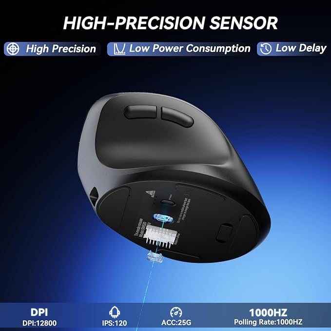 SOLAKAKA SM520 Ergonomic Mouse with 24000 DPI, Vertical Mouse with Programmable Side Button, Wireless Mouse with Tri-Mode Connection - BT5.0/USB-C/2.4GHz, for Desktop, PC, Laptop (Black)