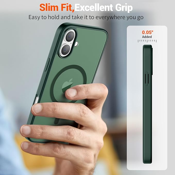 SUPFINE Magnetic for iPhone 16 Plus Case (Compatible with MagSafe) (Military Grade Drop Protection) Slim Translucent Matte Shockproof with Anti-Fingerprint Phone Case,Forest Green