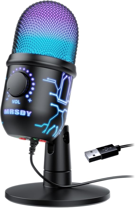 MRSDY Gaming Microphone, USB Computer Microphone for PC, Mac, PS4/5, Condenser Podcast Mic for Studio Recording, YouTube, Streaming, with Headphone Jack, Led Light, Mute, Gain, Noise Cancellation